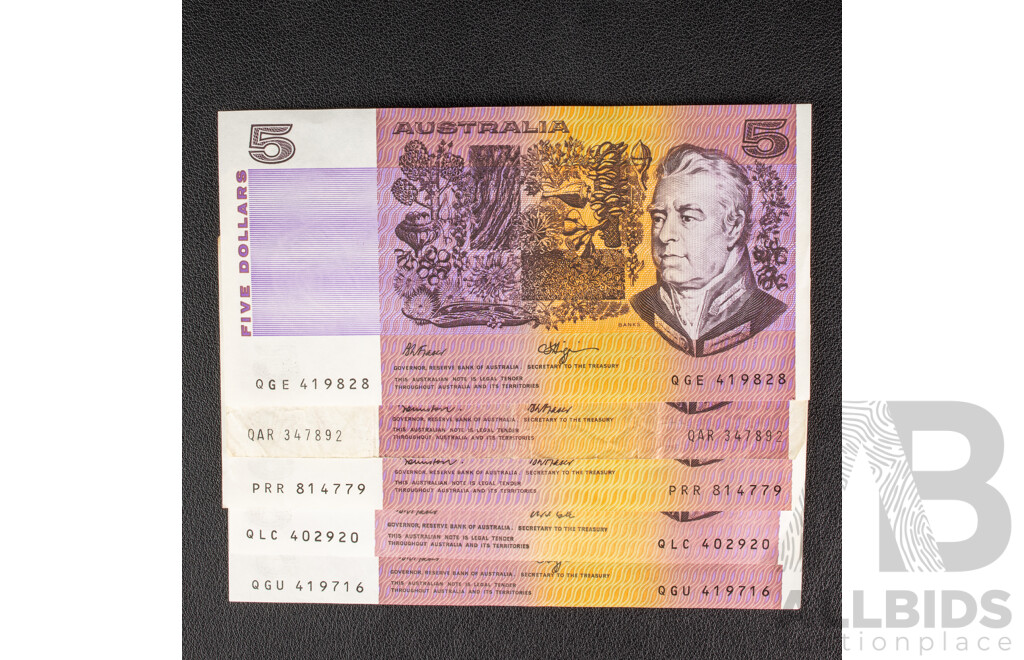 Five Australian Five Dollar Notes Including Two 1985 Johnston/Fraser, Two 1990 Fraser/Higgins, 1991 Fraser/Cole