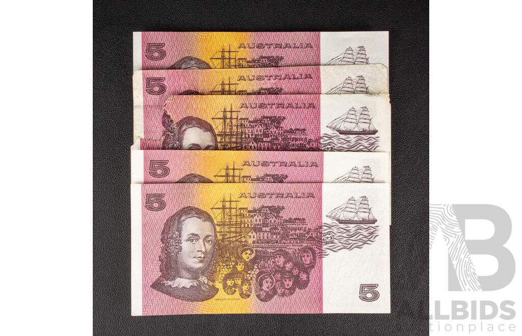 Five Australian Five Dollar Notes Including Two 1985 Johnston/Fraser, Two 1990 Fraser/Higgins, 1991 Fraser/Cole