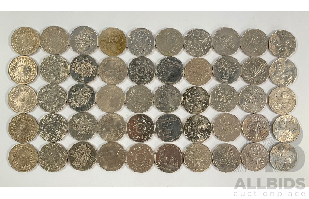 Fifty Australian Commemorative Fifty Cent Coins Including 2005 WW2 Remembrance, 1982 Commonwealth Games, 1998 Flinders/Bass, 1977 Jubilee, 1994 Year of the Family,  2003 Volunteers, 1970 Captain Cook....................