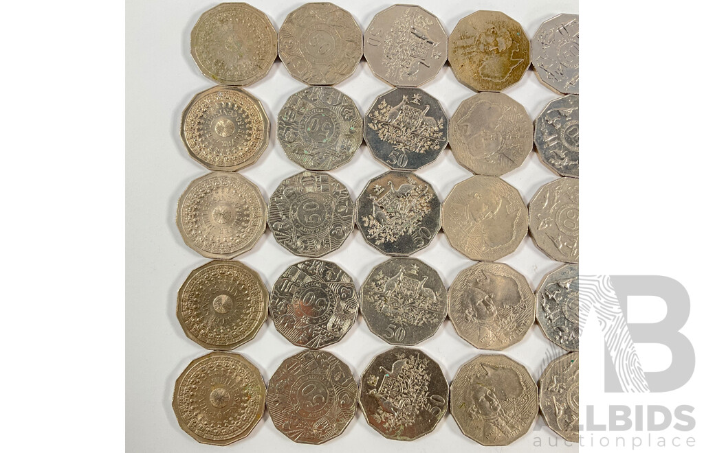 Fifty Australian Commemorative Fifty Cent Coins Including 2005 WW2 Remembrance, 1982 Commonwealth Games, 1998 Flinders/Bass, 1977 Jubilee, 1994 Year of the Family,  2003 Volunteers, 1970 Captain Cook....................