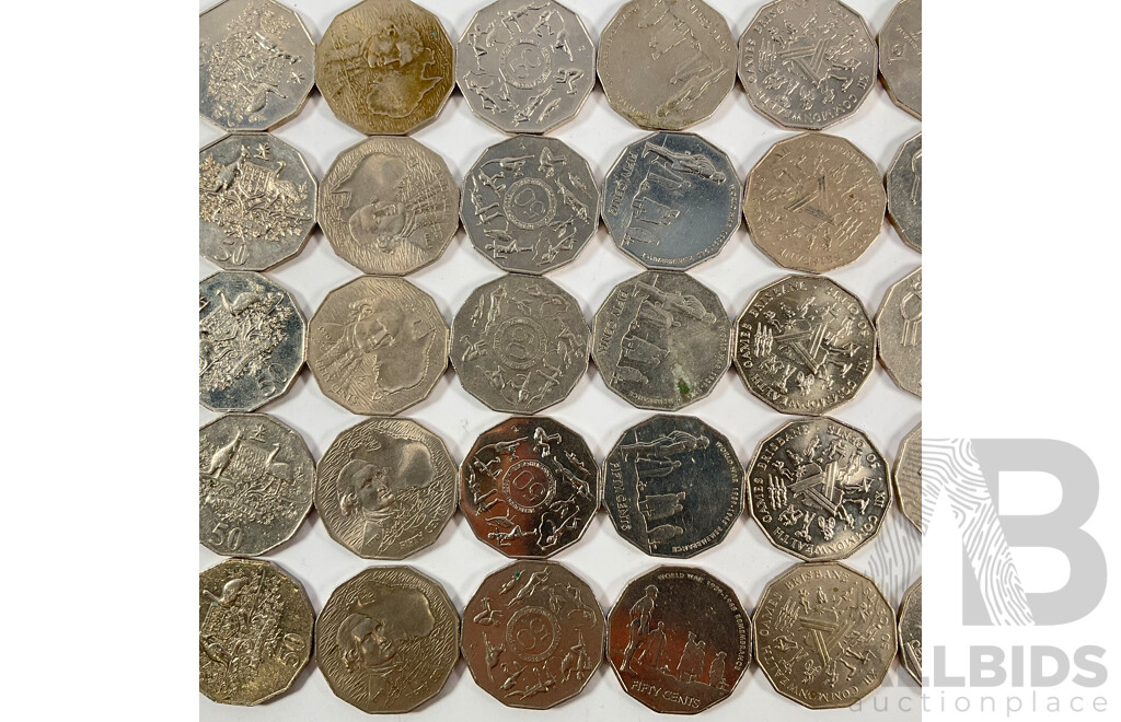 Fifty Australian Commemorative Fifty Cent Coins Including 2005 WW2 Remembrance, 1982 Commonwealth Games, 1998 Flinders/Bass, 1977 Jubilee, 1994 Year of the Family,  2003 Volunteers, 1970 Captain Cook....................