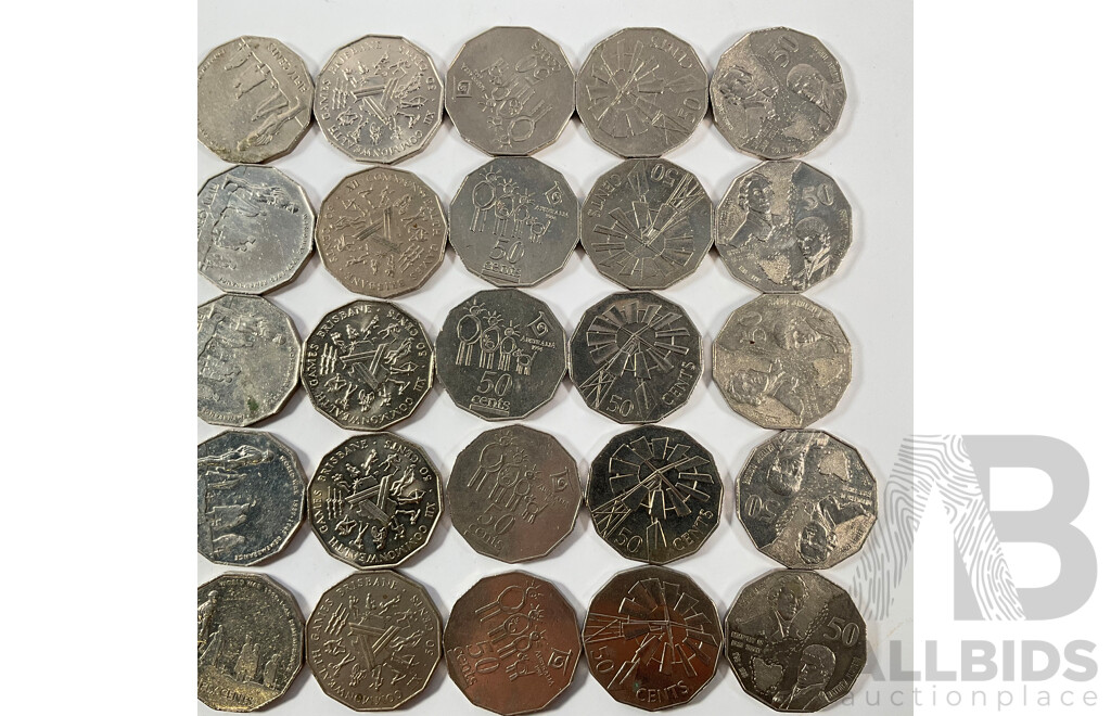 Fifty Australian Commemorative Fifty Cent Coins Including 2005 WW2 Remembrance, 1982 Commonwealth Games, 1998 Flinders/Bass, 1977 Jubilee, 1994 Year of the Family,  2003 Volunteers, 1970 Captain Cook....................