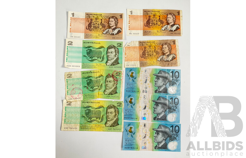 Collection of Australian Banknotes Including Three 2017 Ten Dollars, Lowe/Fraser, Two Dollar Notes 1983 Johnston/Stone, Two 1985 Johnston/Fraser, Three 1979 One Dollars
