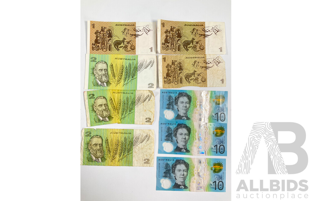 Collection of Australian Banknotes Including Three 2017 Ten Dollars, Lowe/Fraser, Two Dollar Notes 1983 Johnston/Stone, Two 1985 Johnston/Fraser, Three 1979 One Dollars