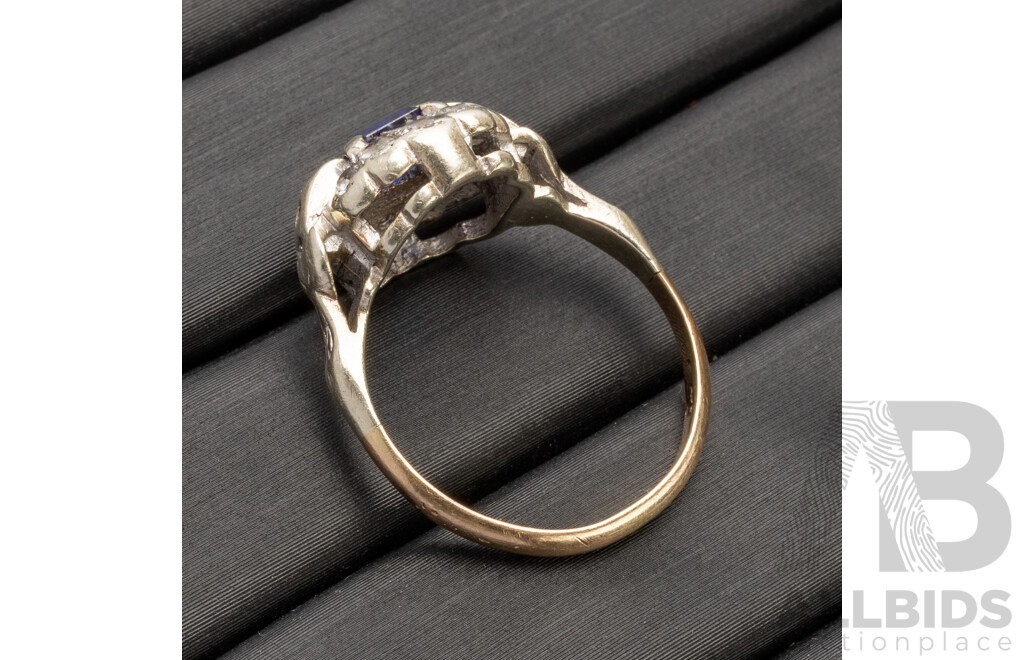 9ct White/Yellow Gold Ring with Princess Cut Blue Sapphire and White Sapphire Halo - Size L