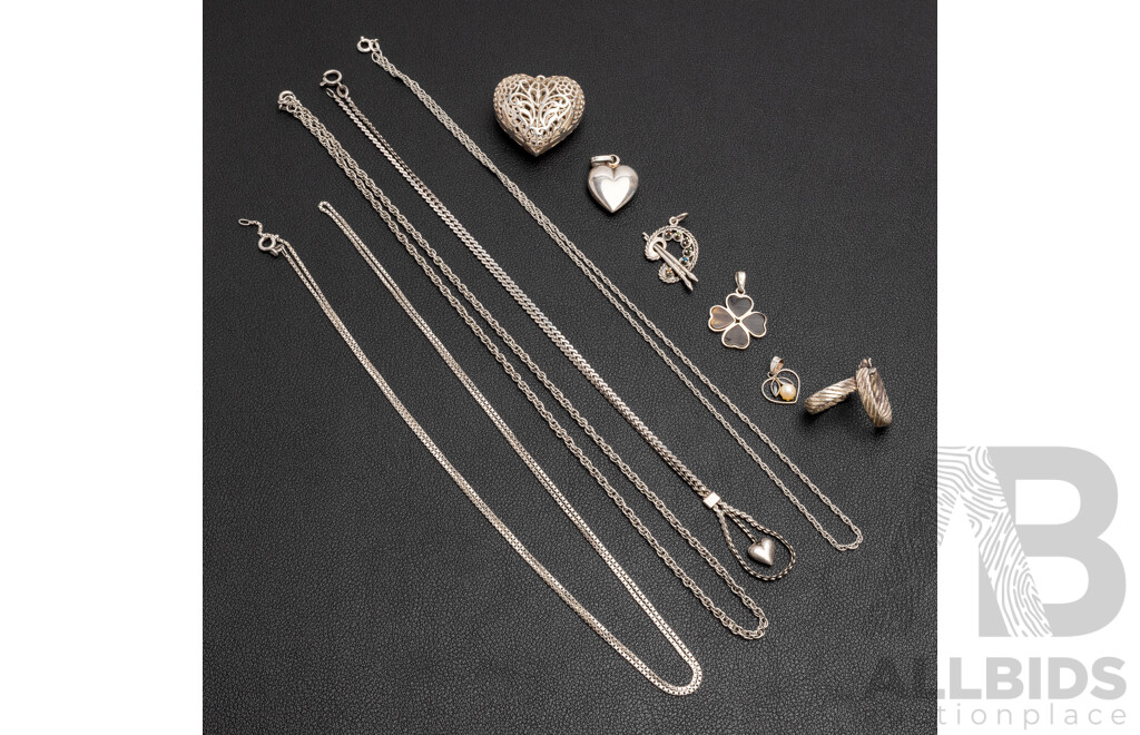925 Sterling Silver Assorted Chains, Pendants and Earrings. Lot of 10 - 46.65gms