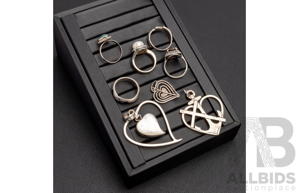 925 Sterling Silver and 800 Silver Assorted Rings and Pendants. Lot of 8 - 43.08gms
