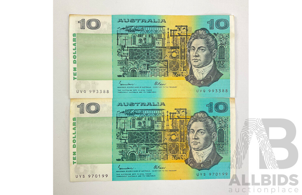 Two Australian 1985 Ten Dollar Banknotes, Johnston/Fraser R308