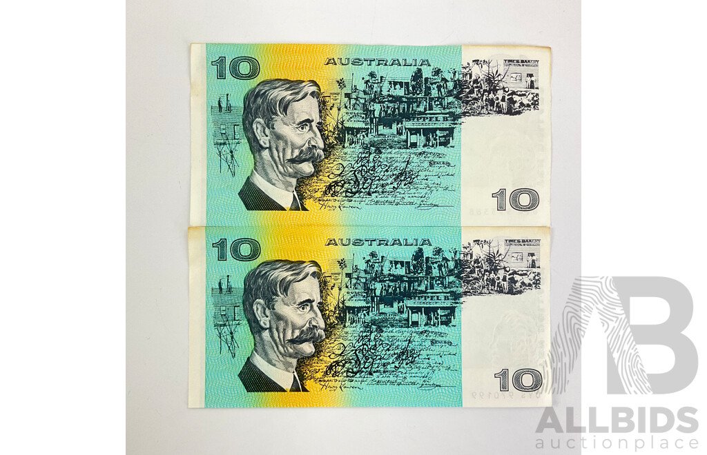 Two Australian 1985 Ten Dollar Banknotes, Johnston/Fraser R308