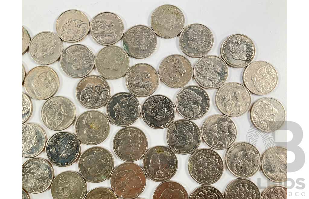 Collection of Australian Commemorative Twenty Cent Coins Including Sixty Two 2005 WW2 Coming Home, Seven 2013 Canberra Centenary, Six 2011 Prince William Wedding, Five 2003 Volunteers...........