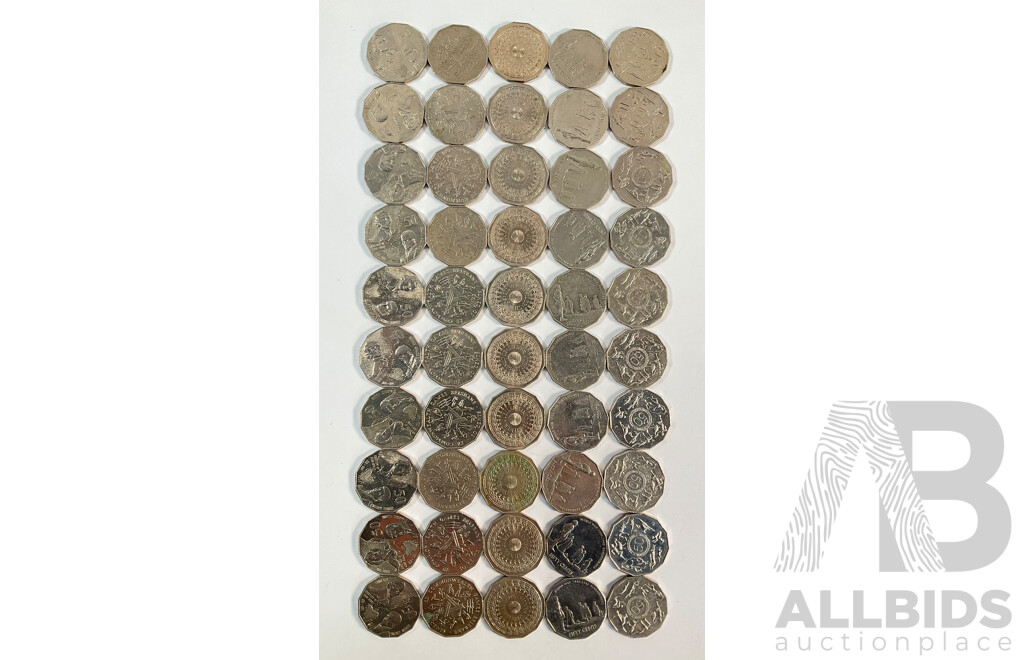 Fifty Australian Commemorative Fifty Cent Coins Including 1977 Jubilee, 1982 Commonwealth Games, 1998 Flinders/Bass, 2005 Commonwealth Games, 2005 WW2 Remembrance