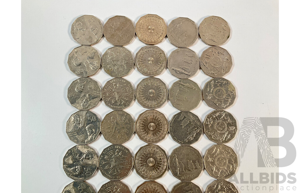 Fifty Australian Commemorative Fifty Cent Coins Including 1977 Jubilee, 1982 Commonwealth Games, 1998 Flinders/Bass, 2005 Commonwealth Games, 2005 WW2 Remembrance