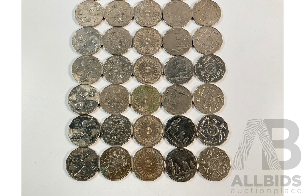 Fifty Australian Commemorative Fifty Cent Coins Including 1977 Jubilee, 1982 Commonwealth Games, 1998 Flinders/Bass, 2005 Commonwealth Games, 2005 WW2 Remembrance