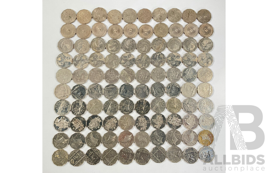 One Hundred Australian Commemorative Fifty Cent Coins Including 2000 Millennium, 2005 WW2 Remembrance, 1982 Commonwealth Games, 1998 Flinders/Bass, 1977 Jubilee, 1995 Sir Weary Dunlop............