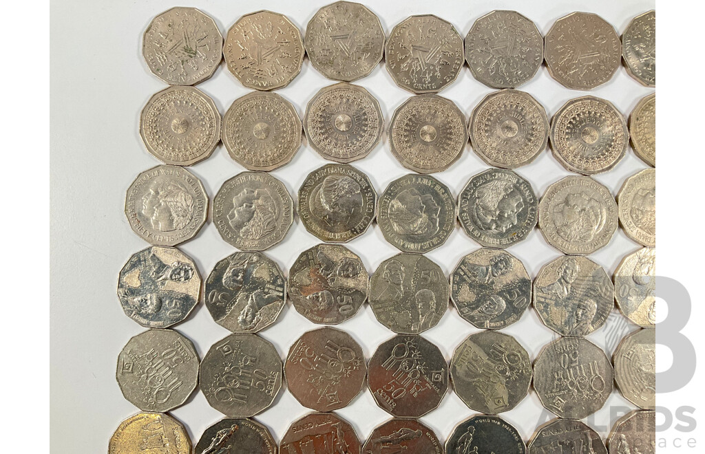One Hundred Australian Commemorative Fifty Cent Coins Including 2000 Millennium, 2005 WW2 Remembrance, 1982 Commonwealth Games, 1998 Flinders/Bass, 1977 Jubilee, 1995 Sir Weary Dunlop............