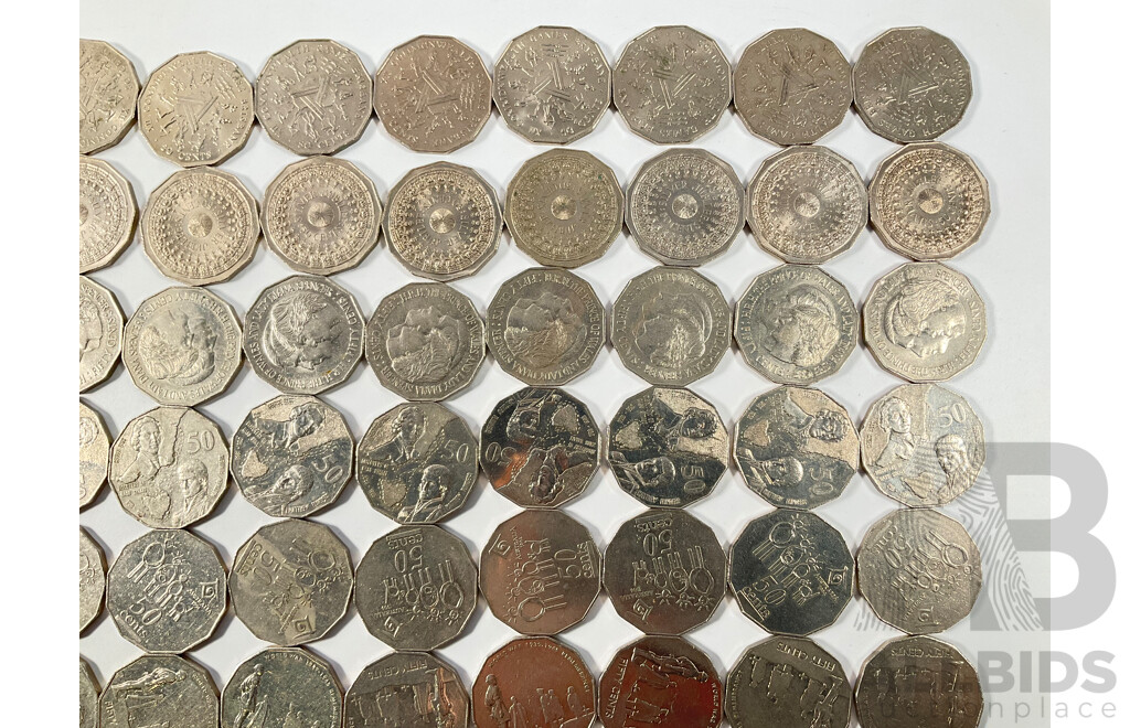 One Hundred Australian Commemorative Fifty Cent Coins Including 2000 Millennium, 2005 WW2 Remembrance, 1982 Commonwealth Games, 1998 Flinders/Bass, 1977 Jubilee, 1995 Sir Weary Dunlop............