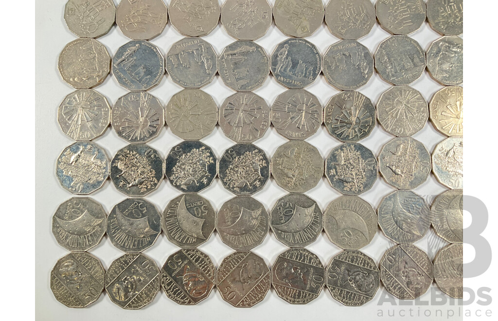 One Hundred Australian Commemorative Fifty Cent Coins Including 2000 Millennium, 2005 WW2 Remembrance, 1982 Commonwealth Games, 1998 Flinders/Bass, 1977 Jubilee, 1995 Sir Weary Dunlop............