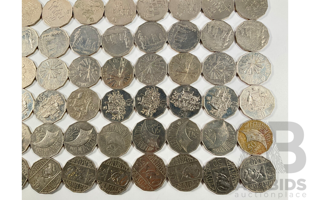 One Hundred Australian Commemorative Fifty Cent Coins Including 2000 Millennium, 2005 WW2 Remembrance, 1982 Commonwealth Games, 1998 Flinders/Bass, 1977 Jubilee, 1995 Sir Weary Dunlop............