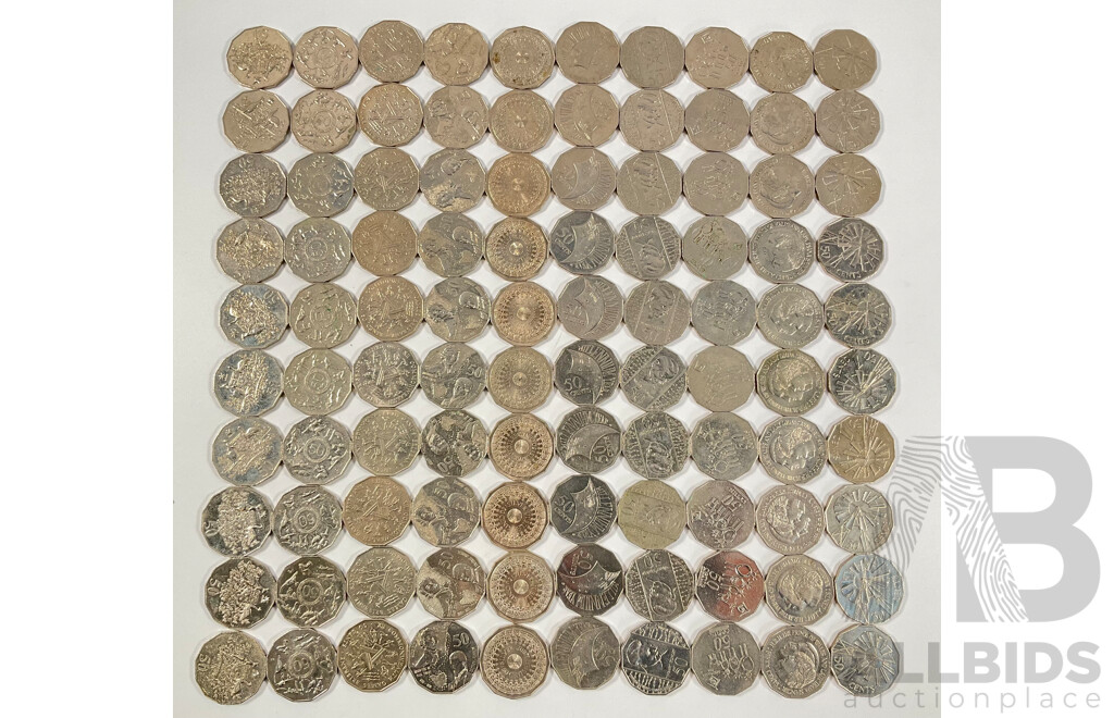 One Hundred Australian Commemorative Fifty Cent Coins Including 2000 Millennium, 1982 Commonwealth Games, 1998 Flinders/Bass, 1977 Jubilee, 1995 Sir Weary Dunlop............