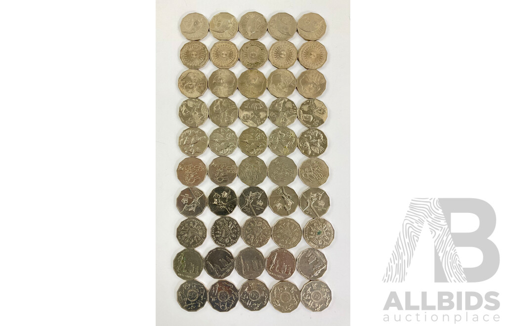 Fifty Australian Commemorative Fifty Cent Coins Including 1970 Captain Cook, 2005 Remembrance, 2004 Student Design, 1982 Commonwealth Games, 2000 Millennium........................
