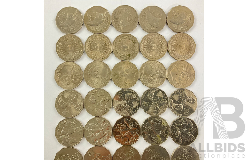 Fifty Australian Commemorative Fifty Cent Coins Including 1970 Captain Cook, 2005 Remembrance, 2004 Student Design, 1982 Commonwealth Games, 2000 Millennium........................