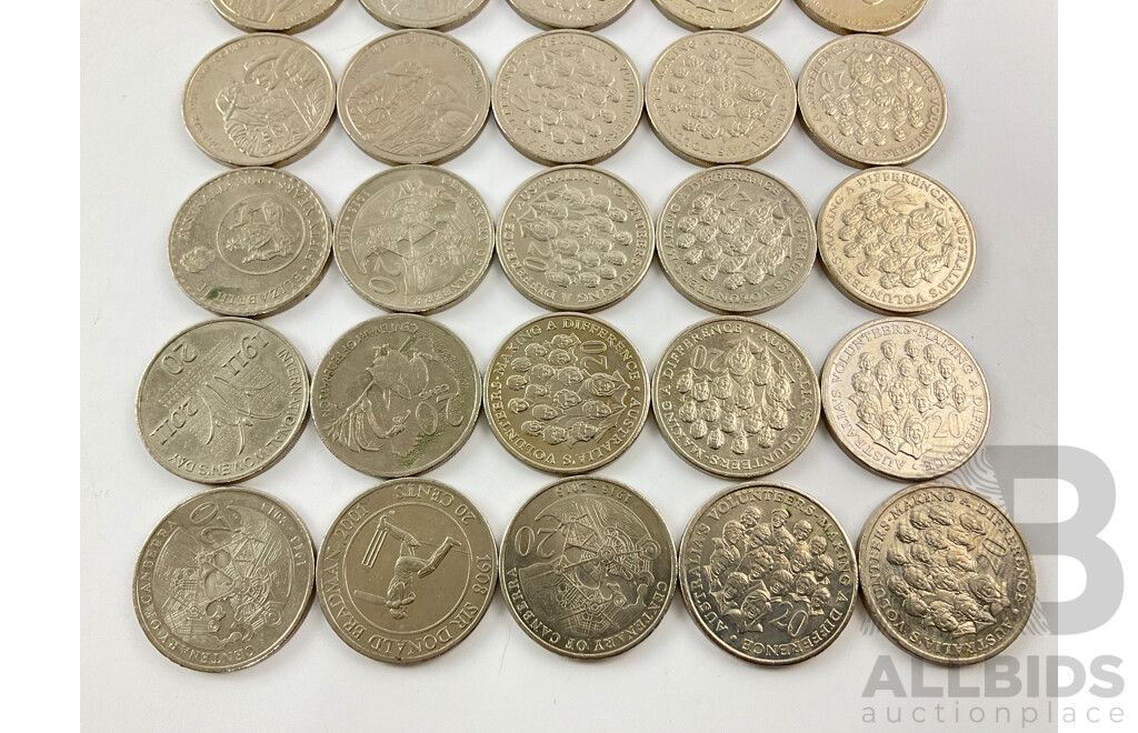 Thirty Australian Commemorative Twenty Cent Coins Including 2013 Centenary Canberra, 2003 Volunteers, 2001 Federation, 2011 Women's Day, 2016 Fifty Years Decimal Currency, 2001 Bradman, 2005 Coming Home, 1995 United Nations