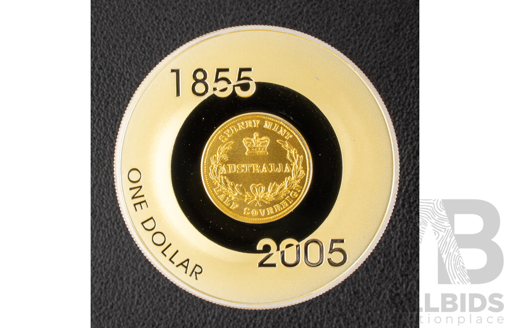 Australian RAM 2005 Silver Proof Gold Plated One Dollar/ 1855 Half Sovereign Sydney Mint Subscription Coin .999