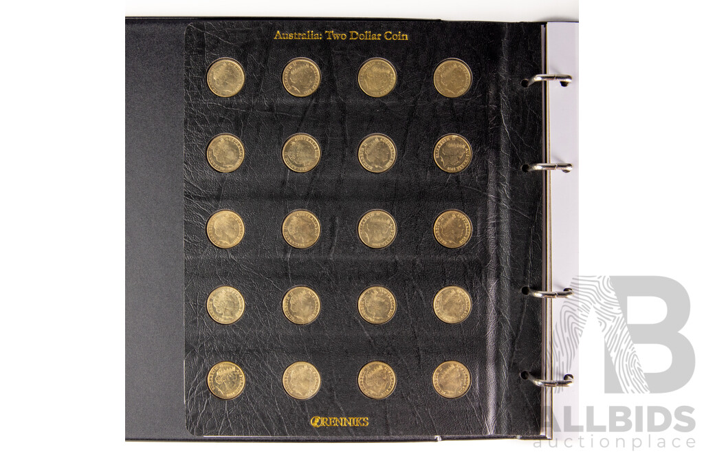 Australian Renniks Two Dollar Coin Album Containing Fifty Nine Coins Including 2013 QE2 Coronation, 2018 Armistice, 2016 Olympics Set, 2019 Police Remembrance 2020 Firefighters 2021 Ambulance Service................