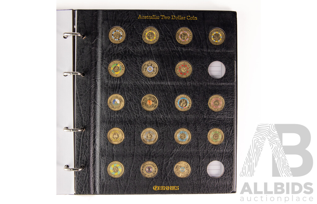 Australian Renniks Two Dollar Coin Album Containing Fifty Nine Coins Including 2013 QE2 Coronation, 2018 Armistice, 2016 Olympics Set, 2019 Police Remembrance 2020 Firefighters 2021 Ambulance Service................