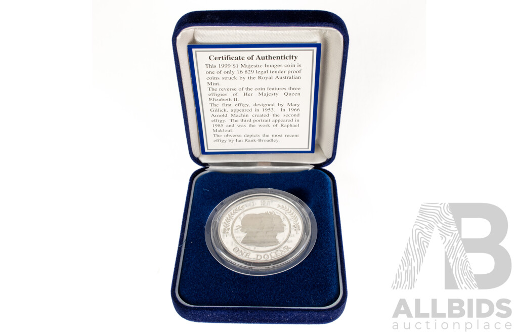 Australian RAM 1999 Silver Proof One Dollar Coin, Majestic Images, Queen Elizabeth II .999
