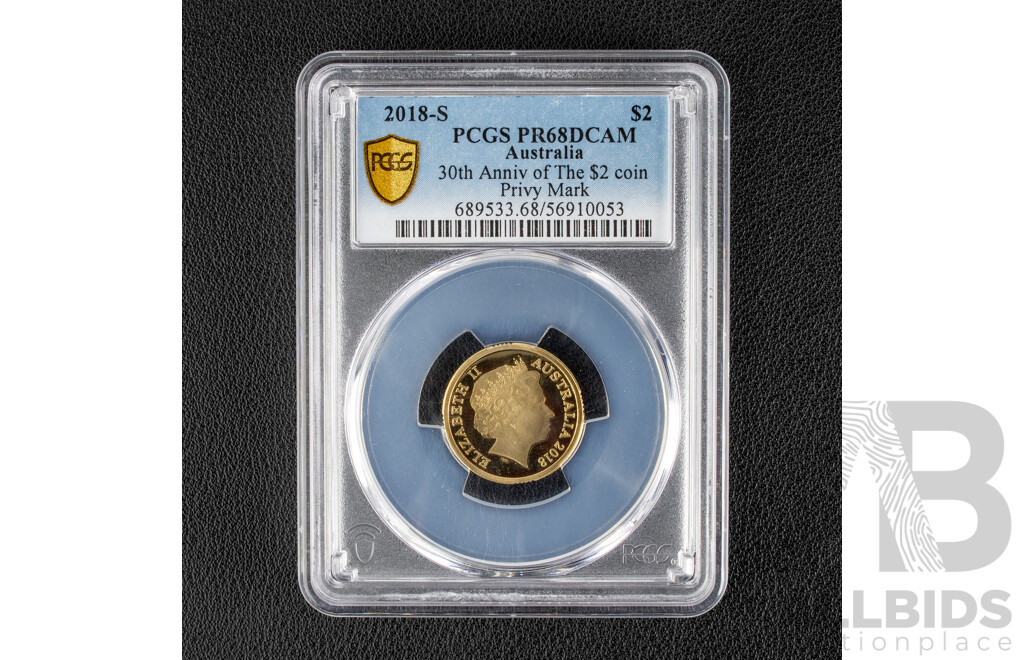 Australian 2018 Proof Two Dollar Coin, S Privy Mark, Thirtieth Anniversary of the Two Dollar Coin, Graded PCGS PR68DCAM