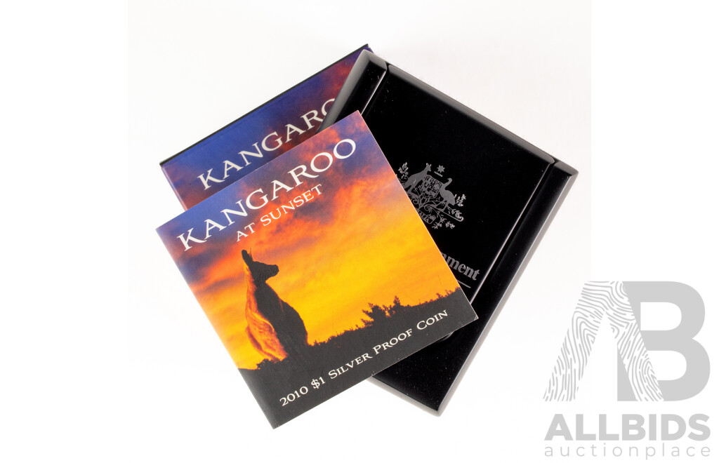 Australian RAM 2010 Silver Proof One Dollar Coin, Kangaroo at Sunset .999