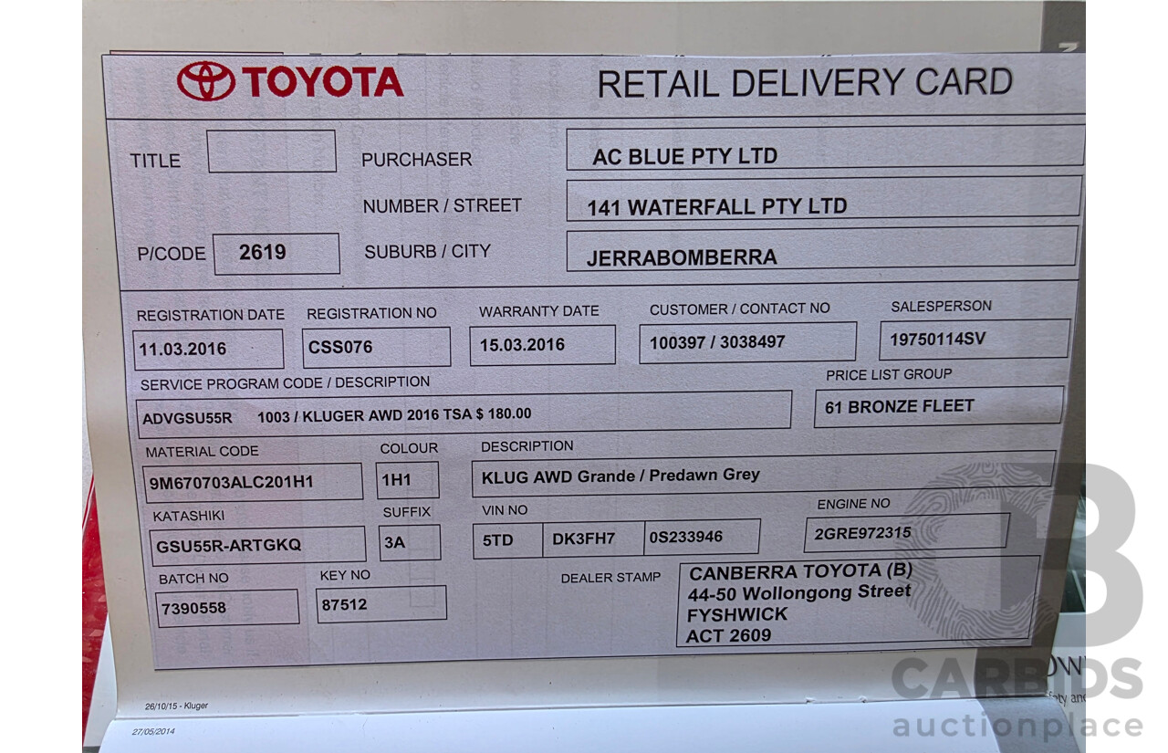 1/2016 Toyota Kluger Grande (4x4) GSU55R 4d Wagon Grey 3.5L