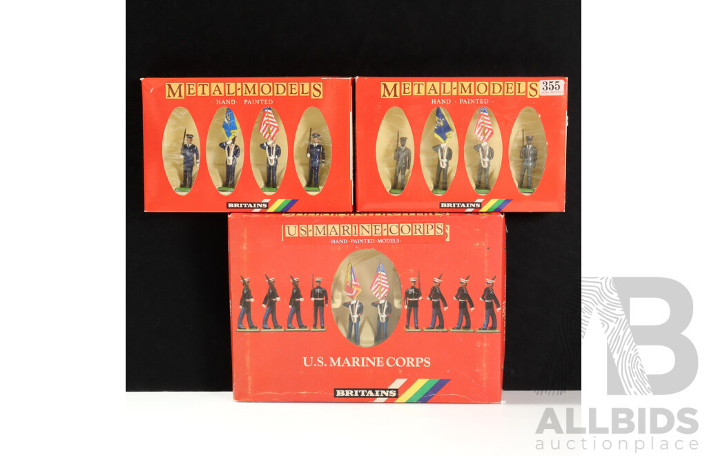 Three Boxed Britains Cast Metal US Military Figure Including US Air Force and Army Colour Parties and US Marine Corps, Made in England - 1:32 Scale