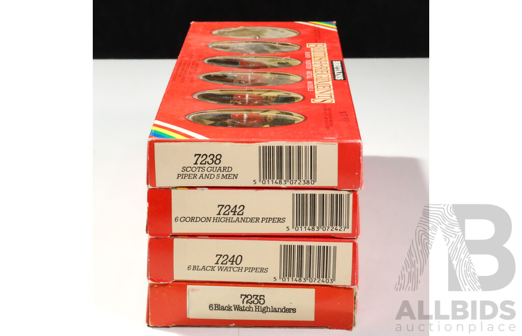 Four Boxed Britains Cast Metal Figures Including Black Watch Highlanders, Black Watch Pipers, Scots Guard Piper, Gordon Highlander Pipers , Made in England - 1:32 Scale