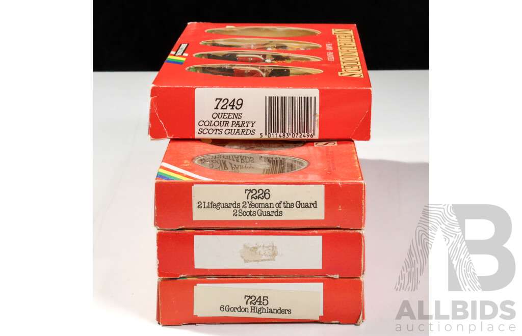 Four Boxed Britains Cast Metal Figures Including Queens Colour Party Scots Guards, Gordon Highlanders, Life Guards, Yeomen of the Guard Scots Guard, Made in England - 1:32 Scale