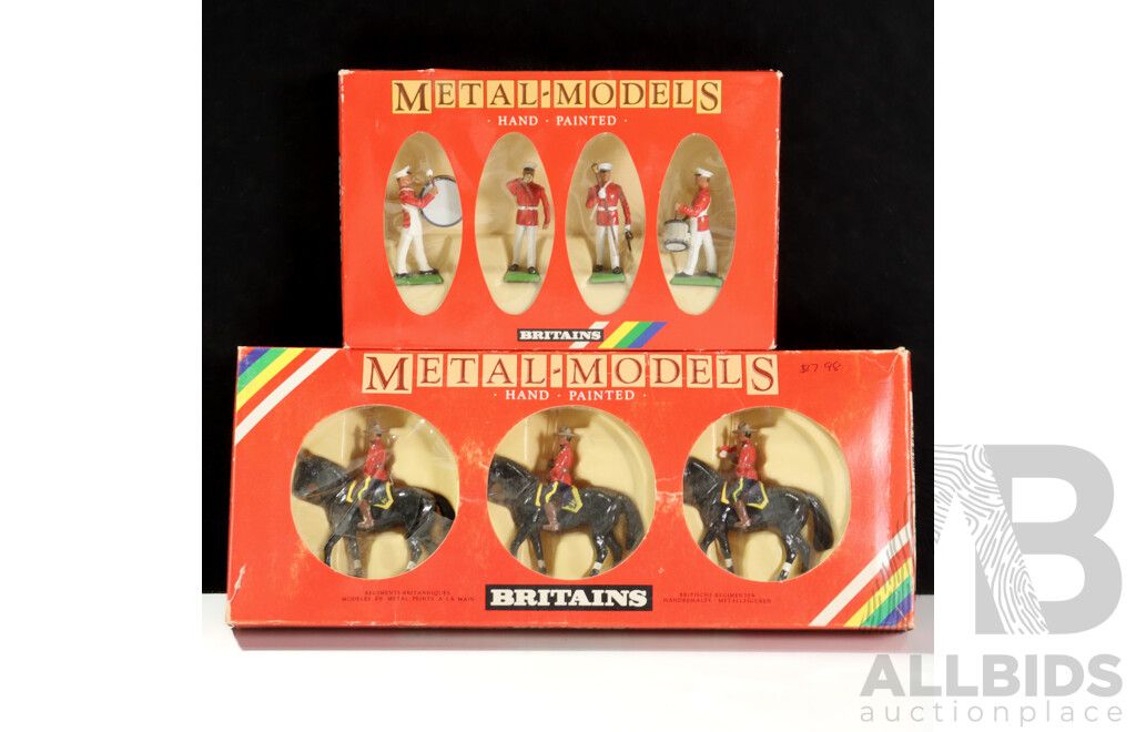 Two Boxed Britains Cast Metal Figures, US Marine Drums and Bugles and Royal Canadian Mounted Police, Made in England - 1:32 Scale