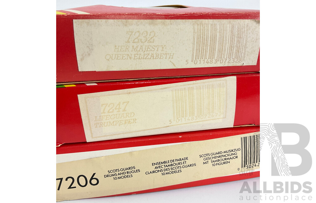 Vintage Boxed Britains Cast Lead Queen Elizabeth II and Life Guard Trumpeter on Horse Back with Scots Guards Drums and Bugles, Made in England - 1:32 Scale