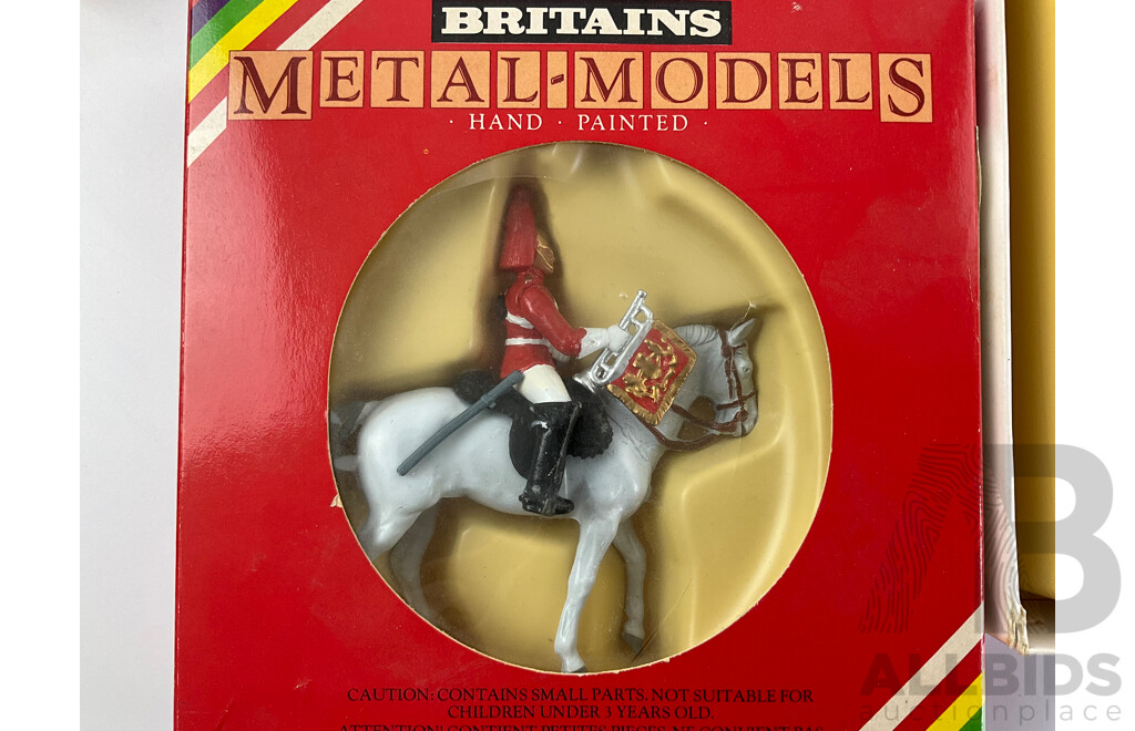 Vintage Boxed Britains Cast Lead Queen Elizabeth II and Life Guard Trumpeter on Horse Back with Scots Guards Drums and Bugles, Made in England - 1:32 Scale