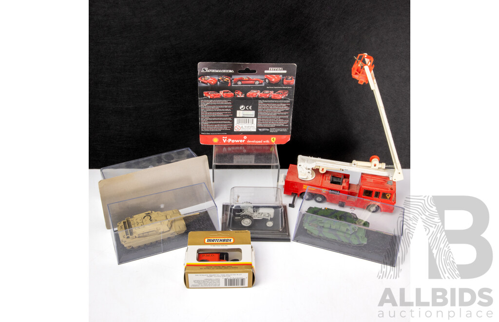 Vintage Matchbox Diecast Super Kings Snorkel Fire Engine, Ford Model T P.M.G Truck, Diecast 1947 Ferguson TE-20, Three Tanks Including USA M1A1HA Abrams, LAV-25 National Guard, UK 1984 Challenger