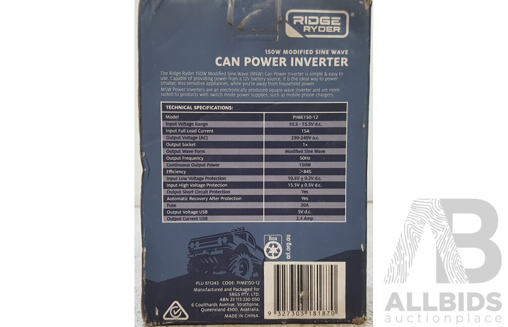 Ridge Ryder (PIME150-12) 150W Modified Sine Wave Can Power Inverter