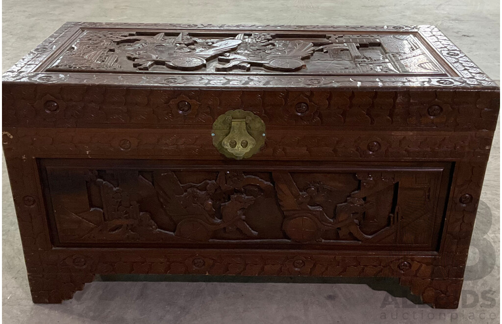 Vintage Large Oritental Carved Wood Chest