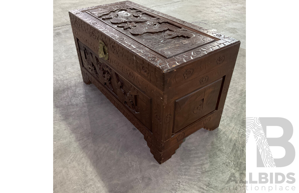 Vintage Large Oritental Carved Wood Chest