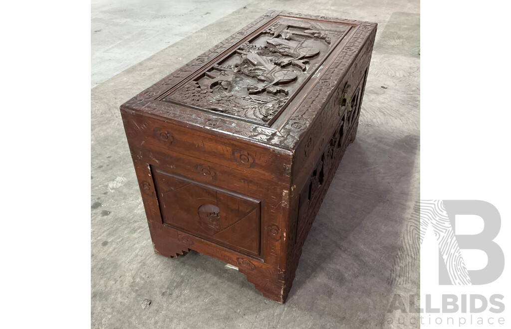 Vintage Large Oritental Carved Wood Chest
