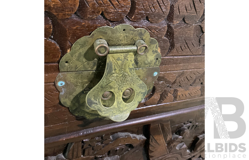 Vintage Large Oritental Carved Wood Chest