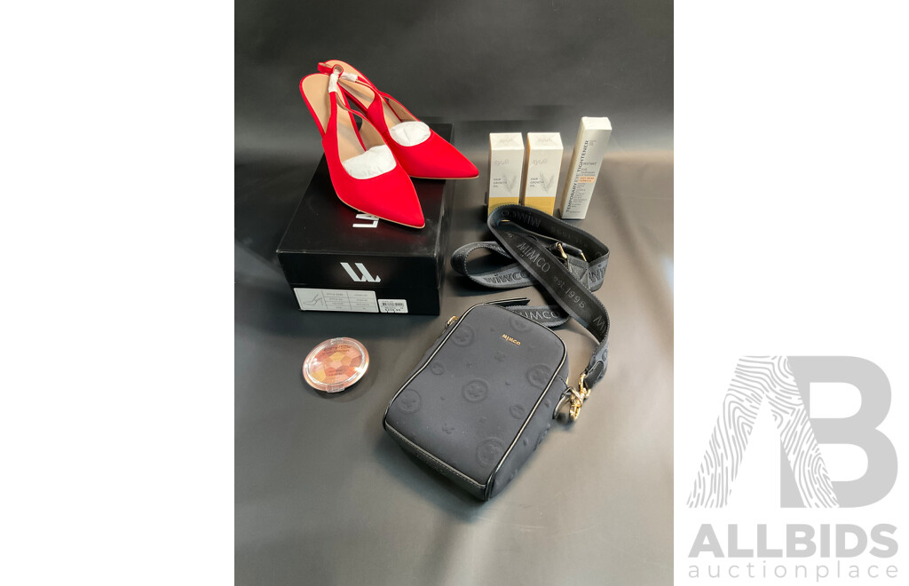 LANA WILKINSON Red Satin Slingback Pumps, MIMCO Crossbody Bag, SYULI Hair Growth Oil, Temporary Eye Tightener and BYS Blush - Lot of 6