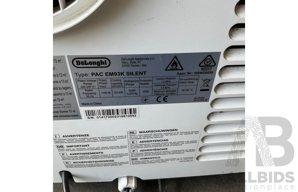 Delonghi PACEM93K Pinguino Portable Air Conditioner 2.6 KW