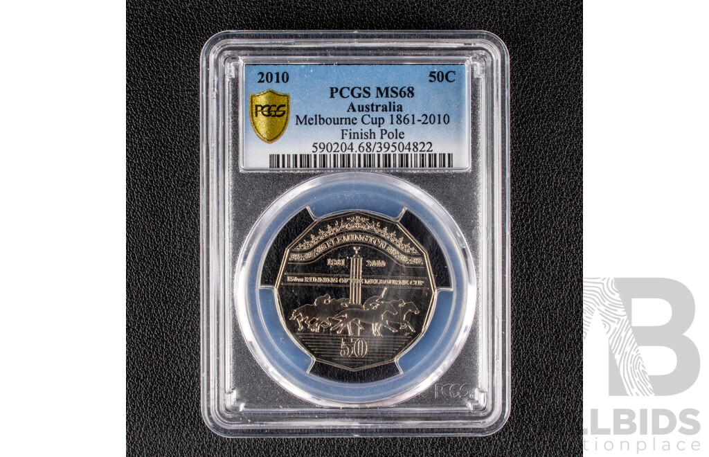 Australian 2010 Melbourne Cup Finish Line 50c Coin. PCGS Grading MS 68 Gem.