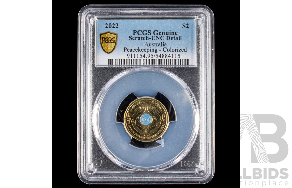 Australian PCGS $2 UNC coloured coin. Peace keeping .