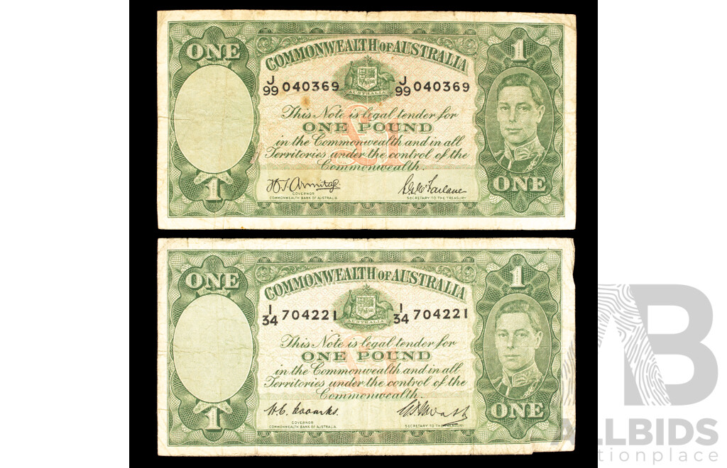 Australian 1942 and 1949 One pound notes.
